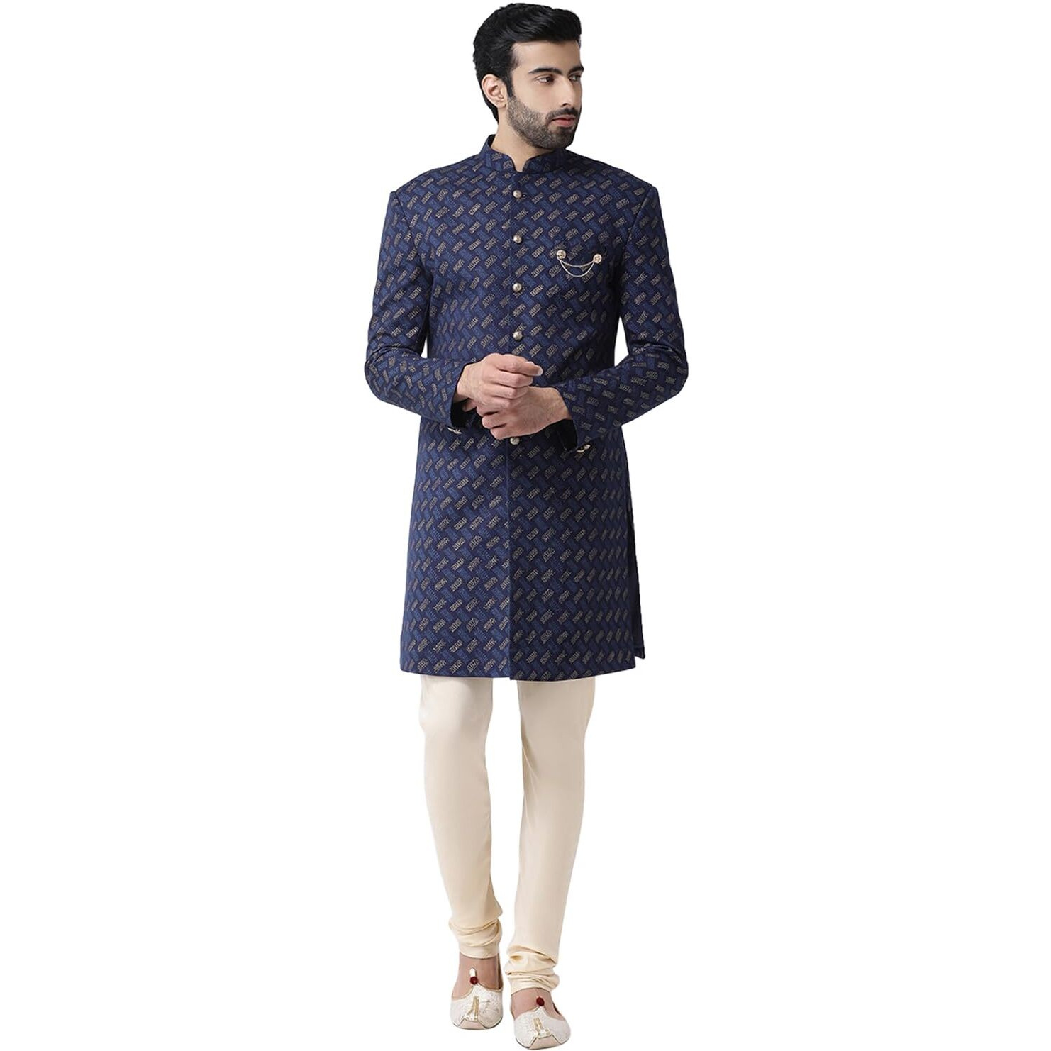 Kisah Men Azure Handloom Woven Design Sherwani, Indo-Western Full Sleaves, Knee Length, Straight, Regular Fit, Mandarin Collar Ethnic Casual Wear|40