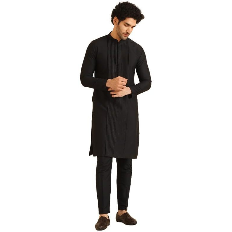 Kisah Men's Kurta Trouser Set, Black Cotton Blend, Embellished Regular Fit Mandarin Collar Full Sleeves (44)