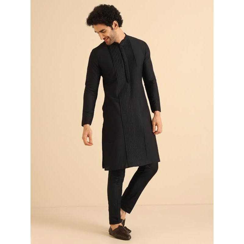 Kisah Men's Kurta Trouser Set, Black Cotton Blend, Embellished Regular Fit Mandarin Collar Full Sleeves (44)