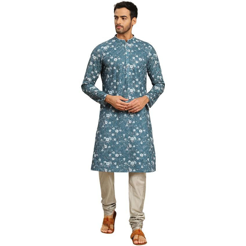 Kisah Mens Kurta Churidar Set, Cotton Blend Printed Mandarin Collar Long Sleeves, Turquoise Blue Ethnic Wear Set For Men, 38