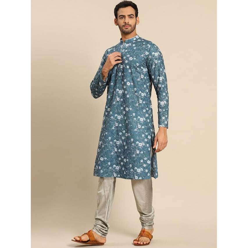 Kisah Mens Kurta Churidar Set, Cotton Blend Printed Mandarin Collar Long Sleeves, Turquoise Blue Ethnic Wear Set For Men, 38