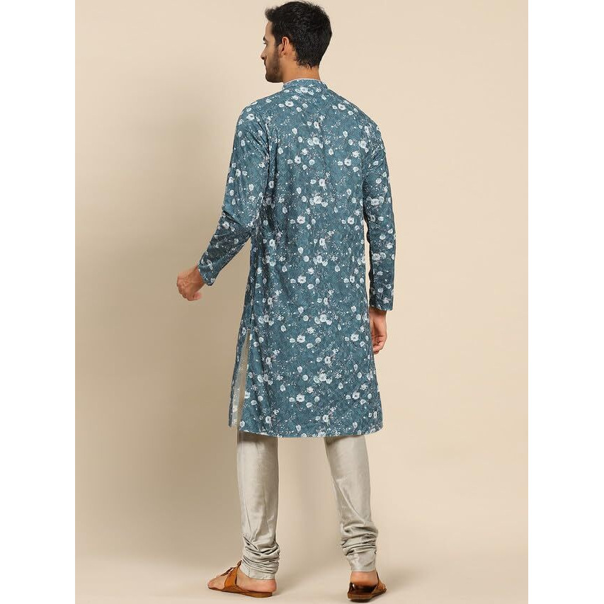Kisah Mens Kurta Churidar Set, Cotton Blend Printed Mandarin Collar Long Sleeves, Turquoise Blue Ethnic Wear Set For Men, 38
