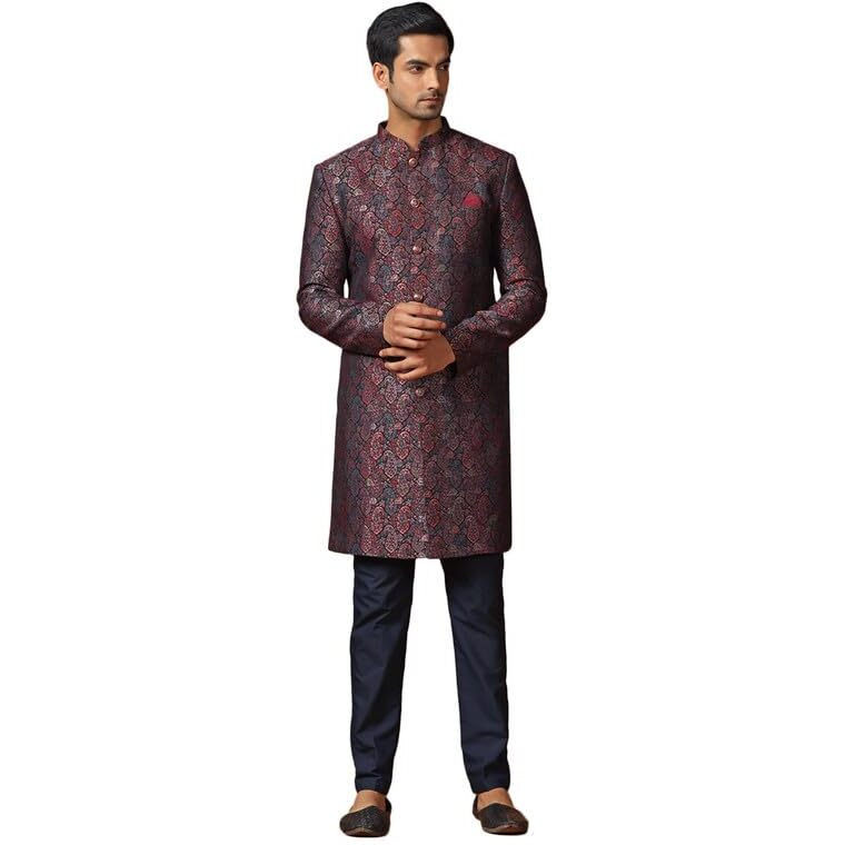 Kisah Men's Indo-Western Sherwani Trouser Set, Multi Jacquard, Woven Design Regular Fit Mandarin Collar Long Sleeves (40) Multicolour
