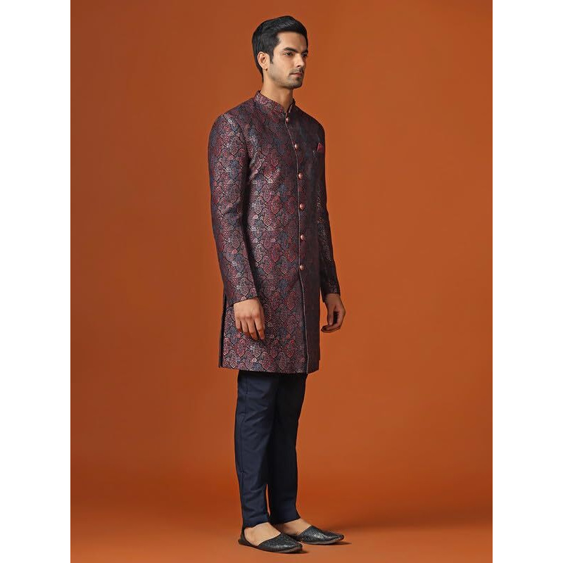 Kisah Men's Indo-Western Sherwani Trouser Set, Multi Jacquard, Woven Design Regular Fit Mandarin Collar Long Sleeves (40) Multicolour