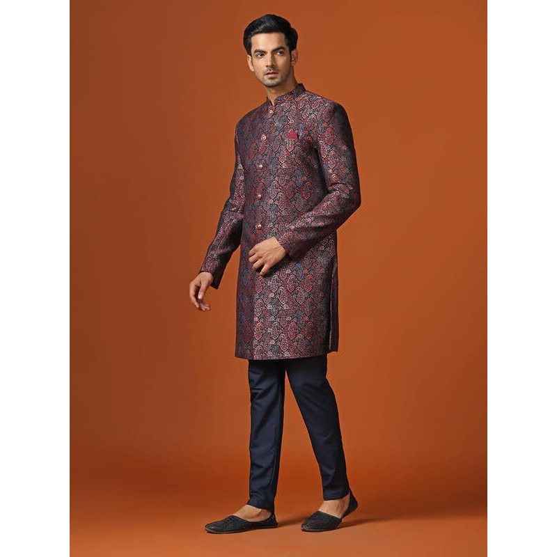 Kisah Men's Indo-Western Sherwani Trouser Set, Multi Jacquard, Woven Design Regular Fit Mandarin Collar Long Sleeves (40) Multicolour