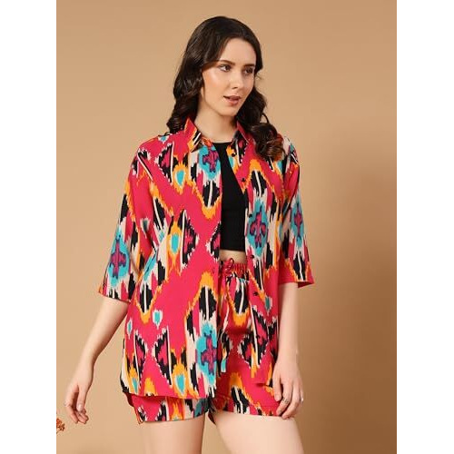 Kzully Rayon Floral | Co-Ord Set With Two-Piece Dress, Top, Shorts | Casual Co-Ordination | Full Pair Set | Fancy Full Pair Set | Long Sleeve Shirt And Shorts |For Women,Multicolor,Small