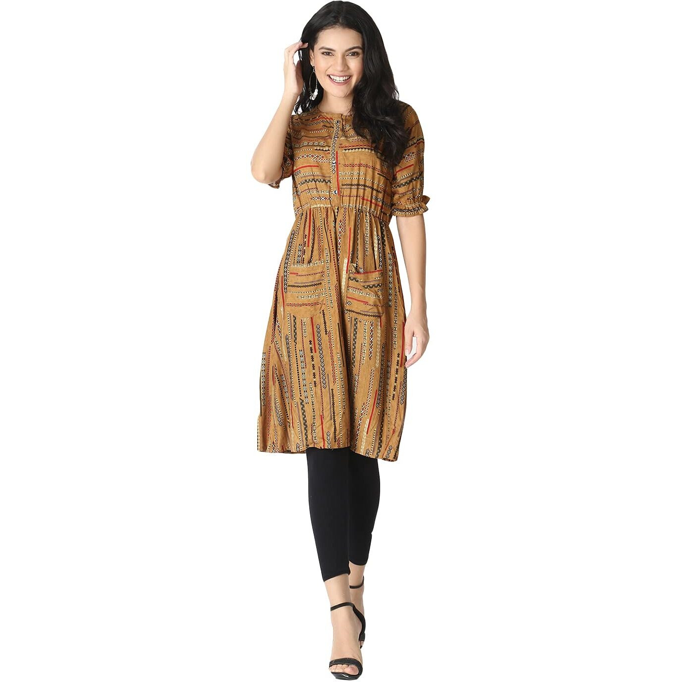 Leriya Fashion Designer Printed Fully Stitched Anarklai Kurti/Kurta For Women & Girls On Jeans Palazzo (Brown, Xx-Large)