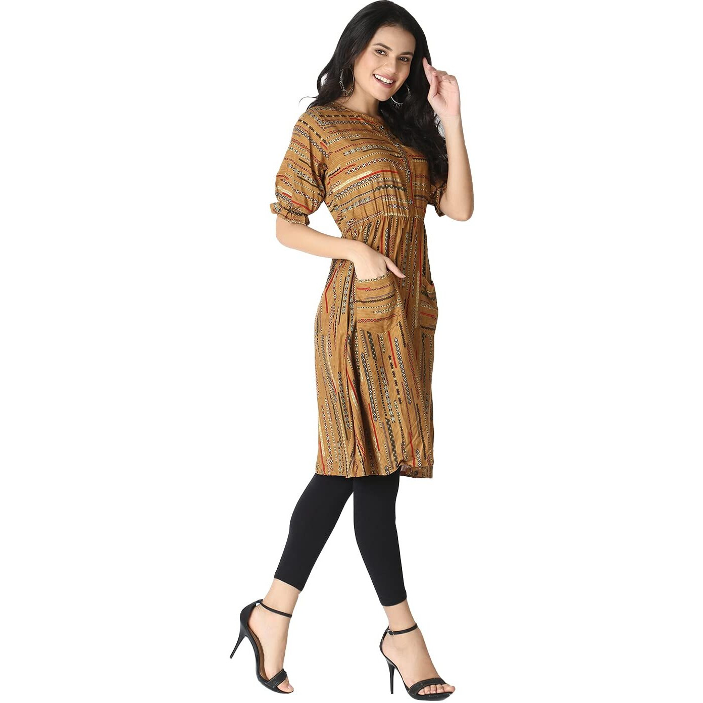 Leriya Fashion Designer Printed Fully Stitched Anarklai Kurti/Kurta For Women & Girls On Jeans Palazzo (Brown, Xx-Large)