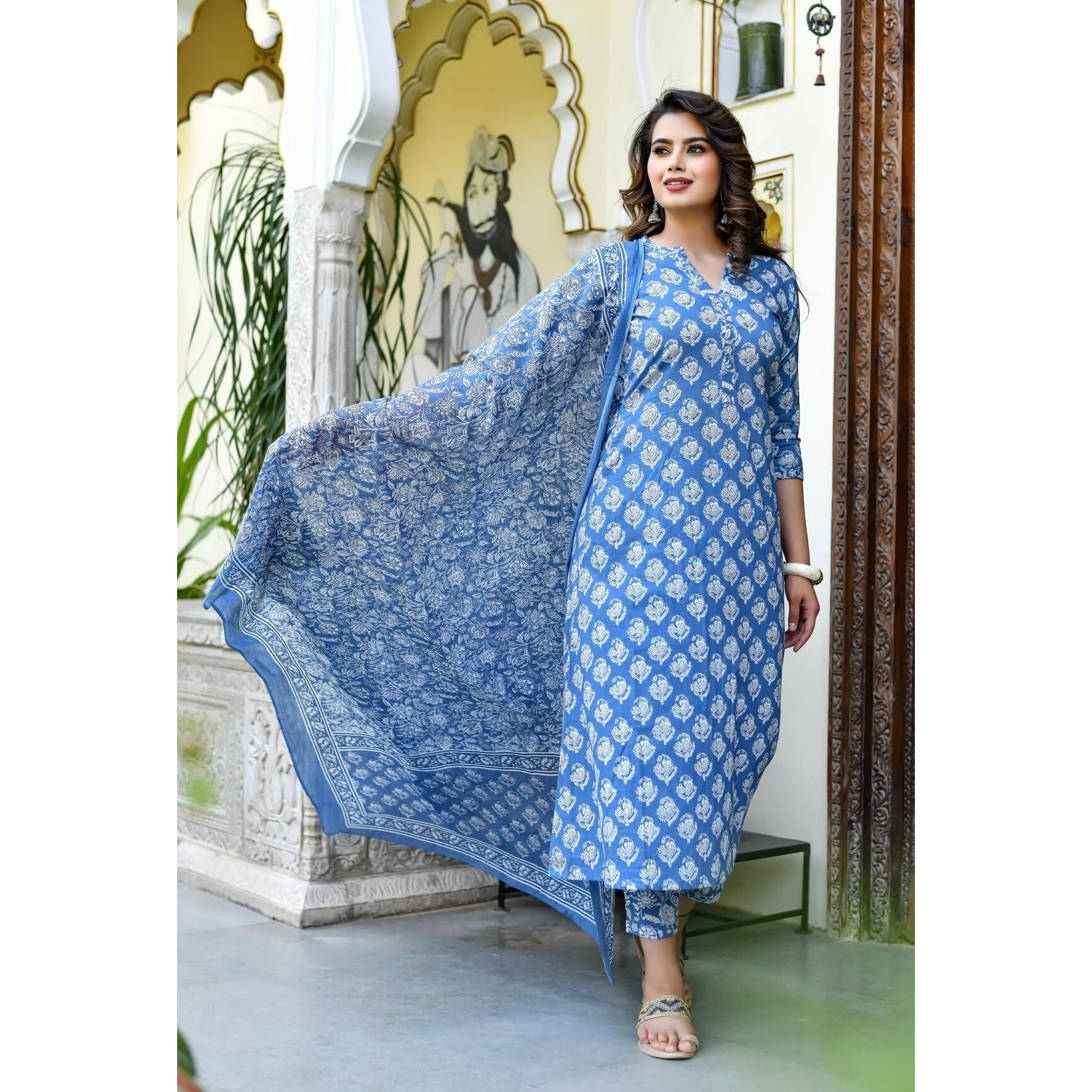 Lookmark Women's Trendy Printed Cotton Blend Straight Kurta Pant Dupatta Set ||Az-Lm-Og-Ks2087-L Blue