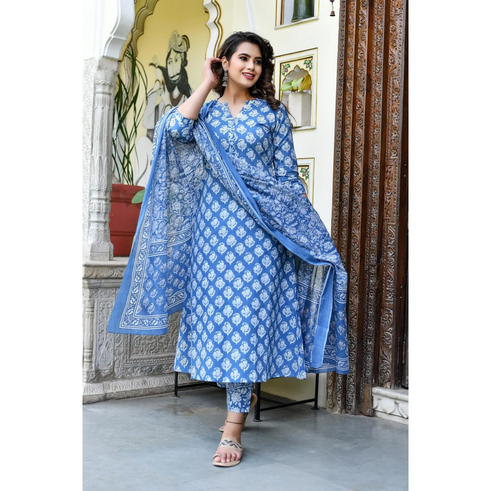 Lookmark Women's Trendy Printed Cotton Blend Straight Kurta Pant Dupatta Set ||Az-Lm-Og-Ks2087-L Blue