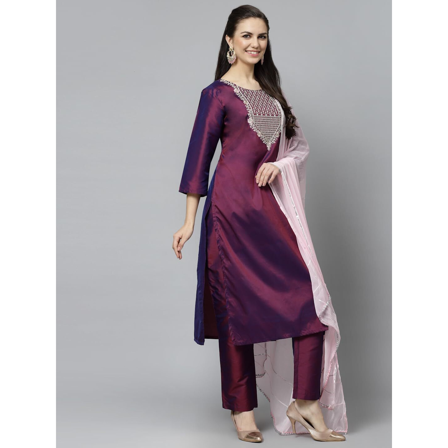 Lookmark Women's Art Silk Purple Color 3/4 Sleeve Straight Kurta With Pant And Light Pink Color Dupatta(Ks2065-Xl_)