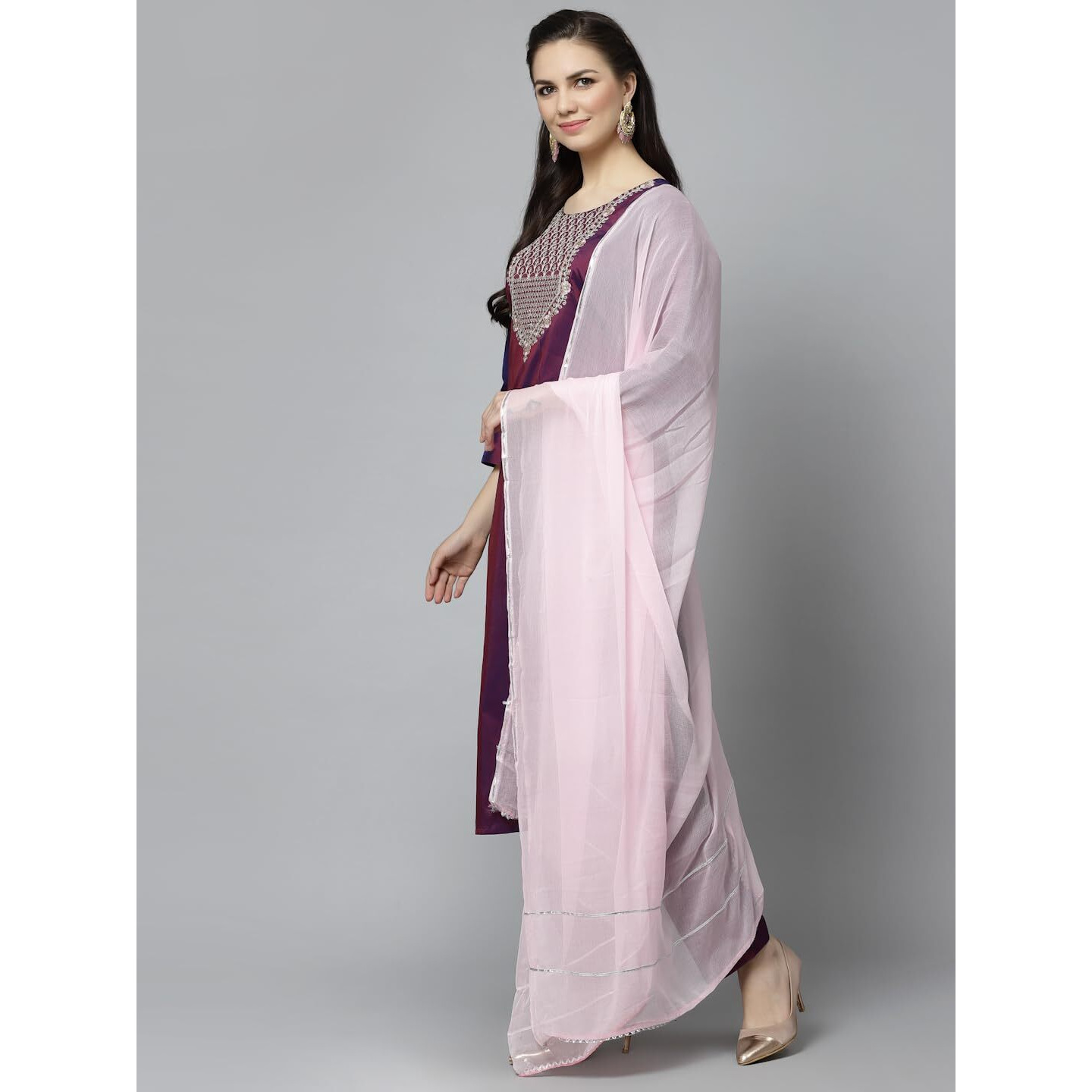 Lookmark Women's Art Silk Purple Color 3/4 Sleeve Straight Kurta With Pant And Light Pink Color Dupatta(Ks2065-Xl_)