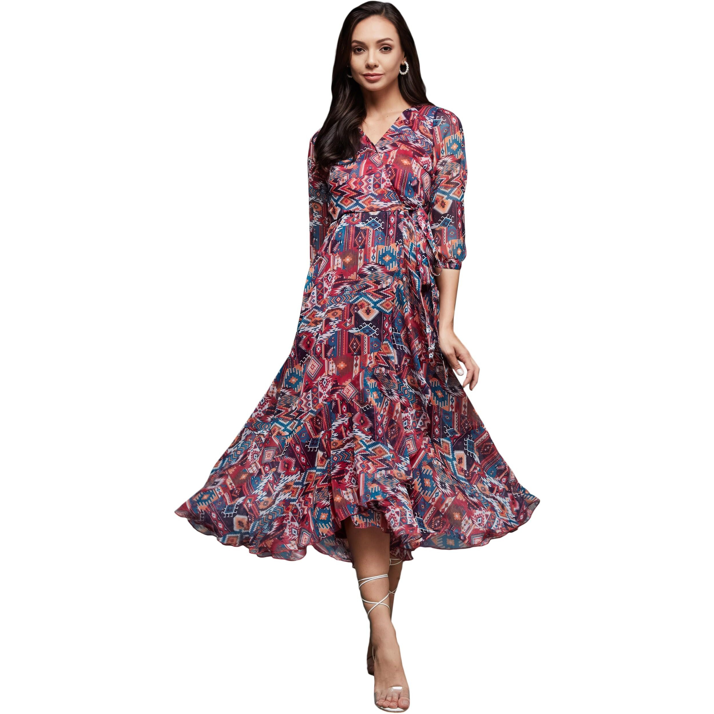 Miss Chase Women's V-Neck Three-Quarter Sleeve Geometric Patterned Wrap Midi Chiffon Dress (Mcss23D98-56-224-04, Multicoloured, M)