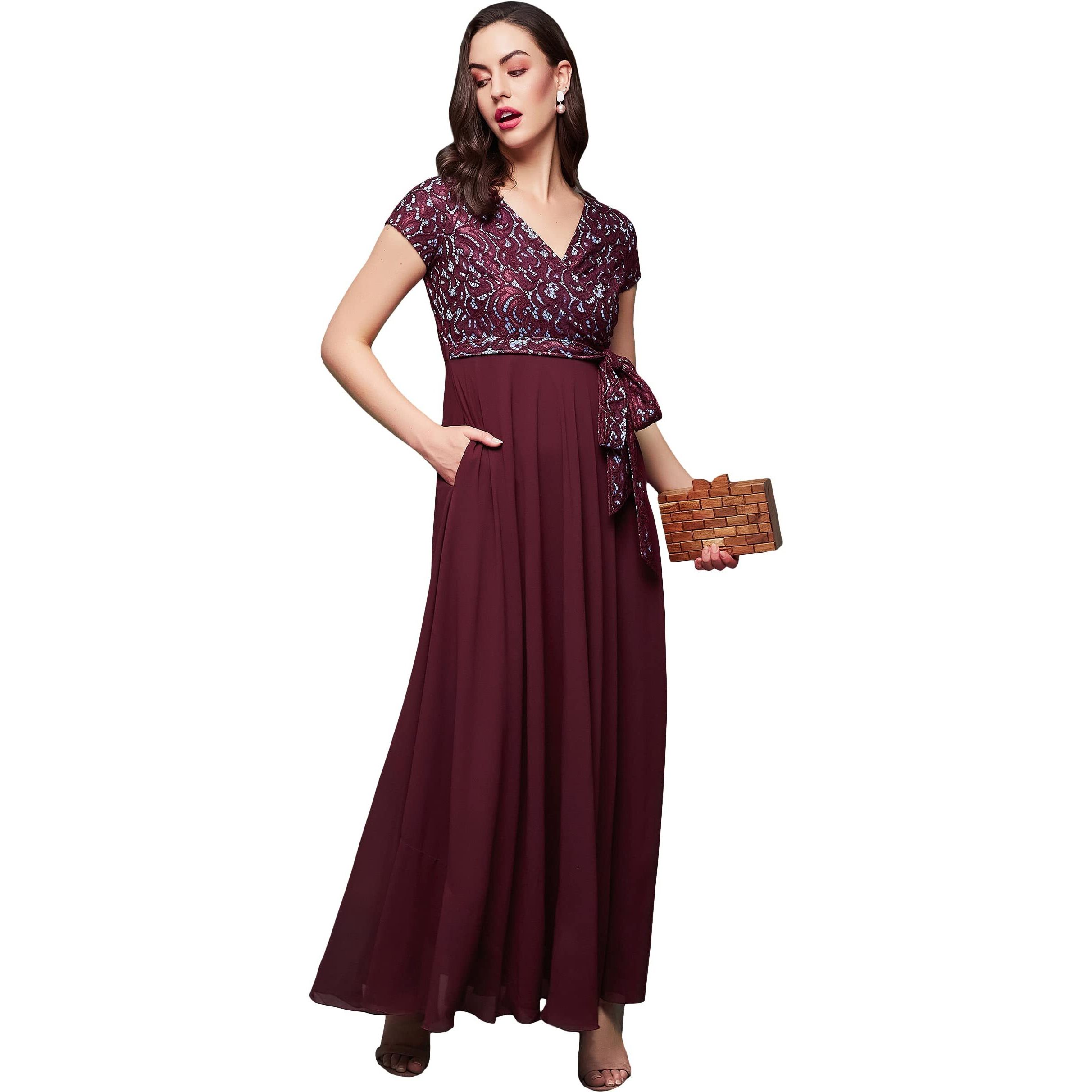 Miss Chase Women's V-Neck Short Sleeve Self Designed Lace Overlaid Maxi Georgette Dress (Mcaw22D06-52-184-06, Wine, Xl)