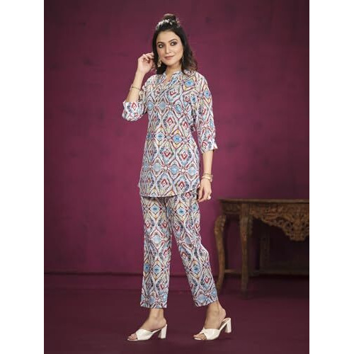 Nainvish Women's Polyester Printed Straight V-Neck Co-Ord Top & Pant Set (Sd595_Kb-L_Blue)