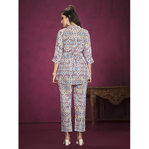 Nainvish Women's Polyester Printed Straight V-Neck Co-Ord Top & Pant Set (Sd595_Kb-S_Blue)