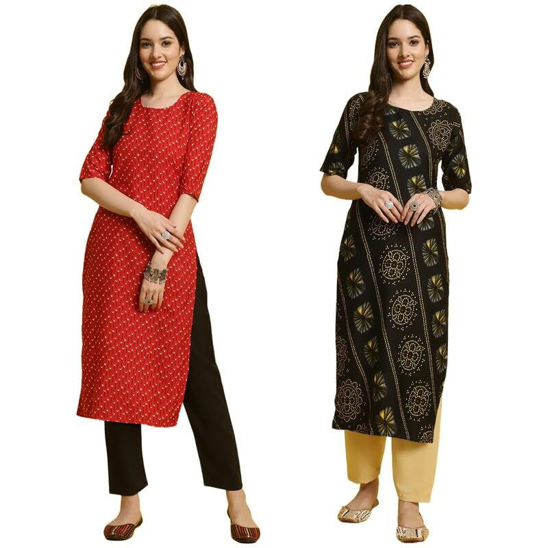 Pinkmint Elegant Printed Crepe Kurta And Pant Set For Women's Ll Fashionable Kurti Combo Set Ll Stright Round Neck Kurti (Pack Of 2) Red-Black