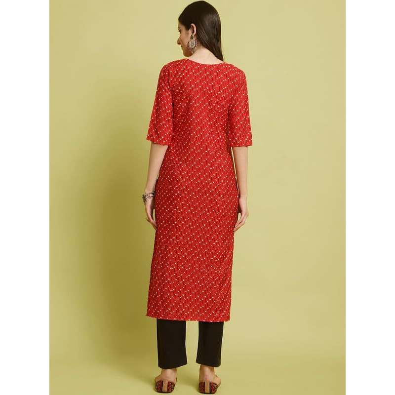 Pinkmint Elegant Printed Crepe Kurta And Pant Set For Women's Ll Fashionable Kurti Combo Set Ll Stright Round Neck Kurti (Pack Of 2) Red-Black