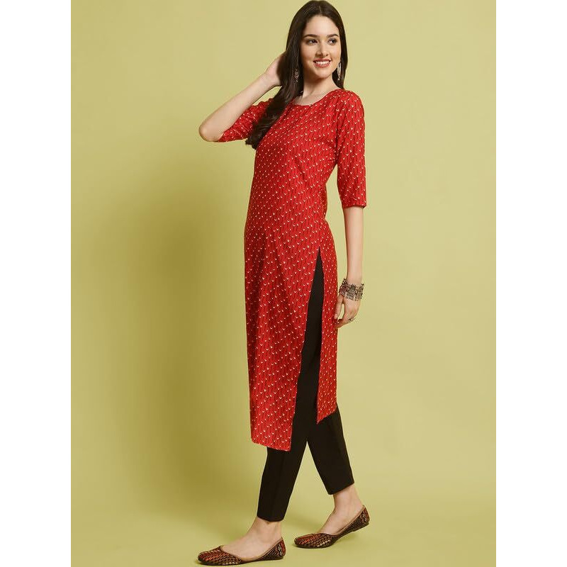 Pinkmint Elegant Printed Crepe Kurta And Pant Set For Women's Ll Fashionable Kurti Combo Set Ll Stright Round Neck Kurti (Pack Of 2) Red-Black