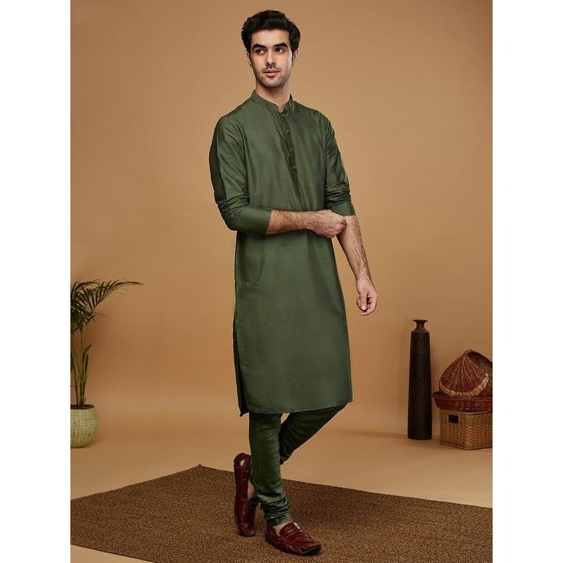 Kisah Men's Kurta, Green Silk Blend, Woven Design Regular Fit Mandarin Collar Long Sleeves, 36