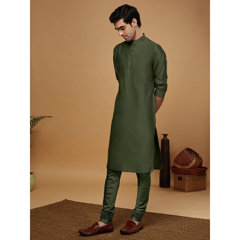 Kisah Men's Kurta, Green Silk Blend, Woven Design Regular Fit Mandarin Collar Long Sleeves, 36
