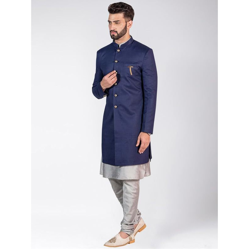 Kisah Men's Kurta Indo-Western Sherwani Churidar Set, Navy Blue Cotton Blend, Solid Dyed Regular Fit Mandarin Collar Long Sleeves (38)