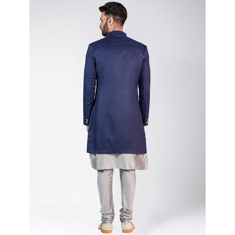Kisah Men's Kurta Indo-Western Sherwani Churidar Set, Navy Blue Cotton Blend, Solid Dyed Regular Fit Mandarin Collar Long Sleeves (38)