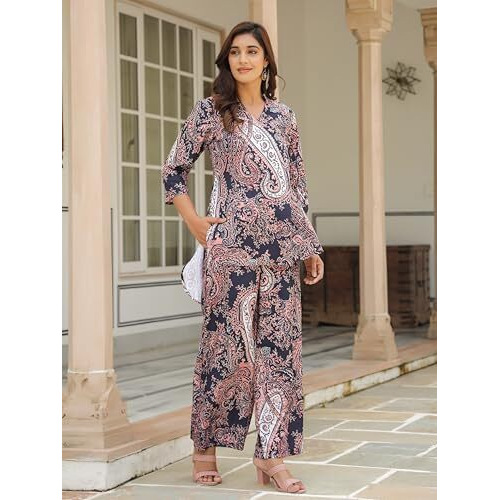 Leriya Fashion Rayon Printed A-Line Front Open Co-Ord Kurta Set For Women (Lf-W2173&Tr1139-S-Black)