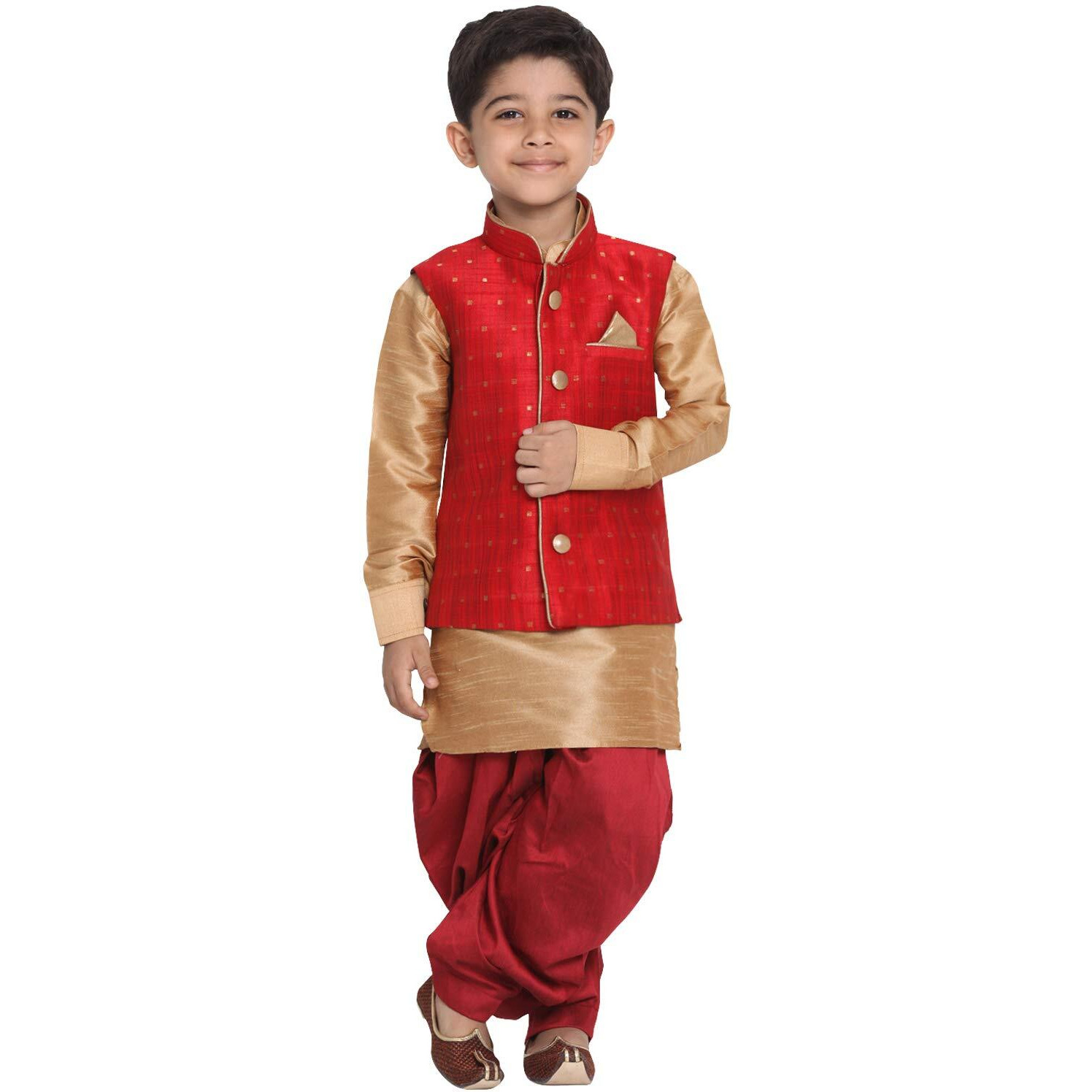 Vastramay Banarasi Brocade Woven Jacquard Nehru/Modi Jacket With Silk Pathani Kurta & Dhoti Pant Set  Traditional Ethnic Wear For Boys