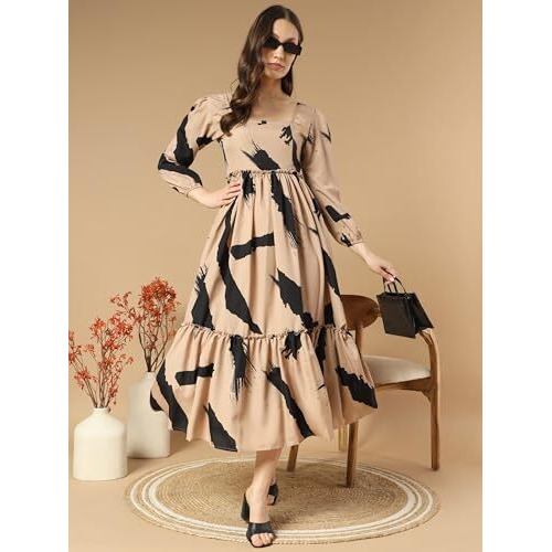 Kzully Women's Crepe A-Line Midi Dress (5001-Brush-Cream-L_Beige