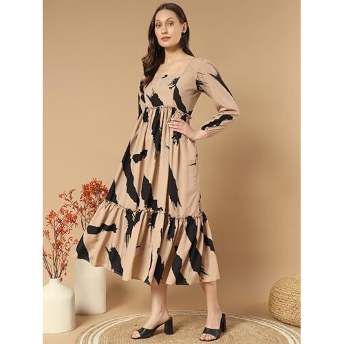 Kzully Women's Crepe A-Line Midi Dress (5001-Brush-Cream-L_Beige