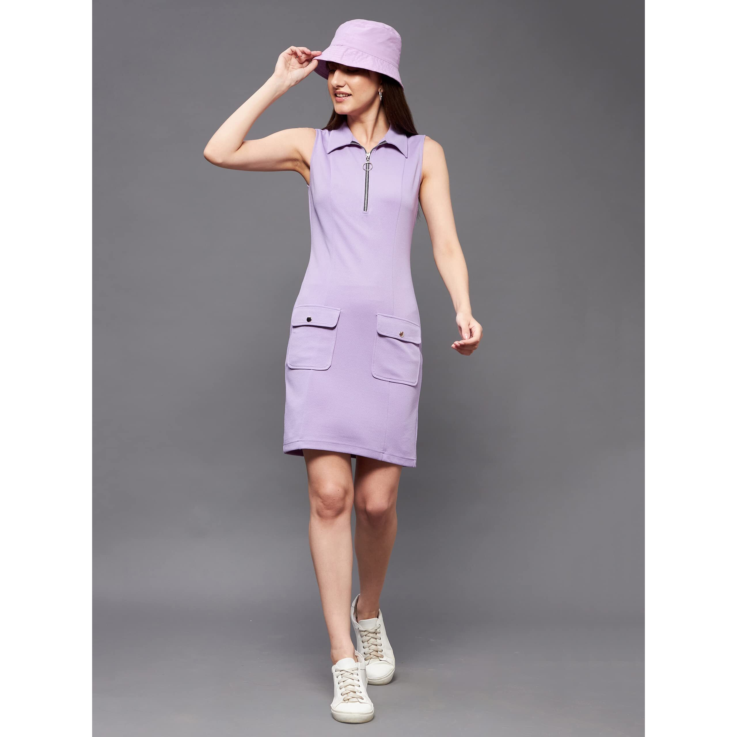 Miss Chase Women's Collared Sleeveless Solid Front Pocketed Mini Shift Dress (Mcss23D79-05-263-04, Light Lavender, M)