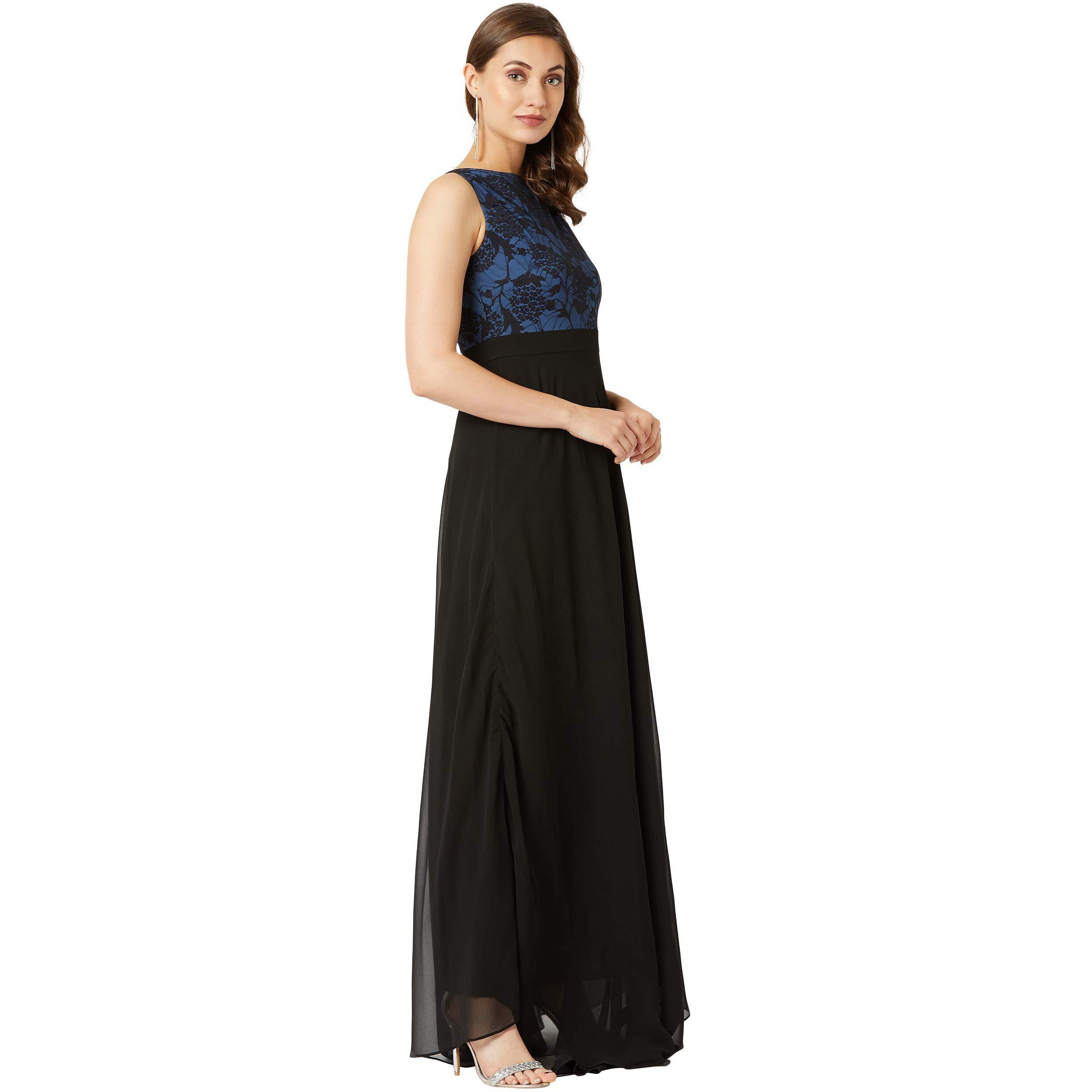 Miss Chase Women's Round Neck Sleeveless Georgette Floral Lace Fit & Flare Maxi Dress