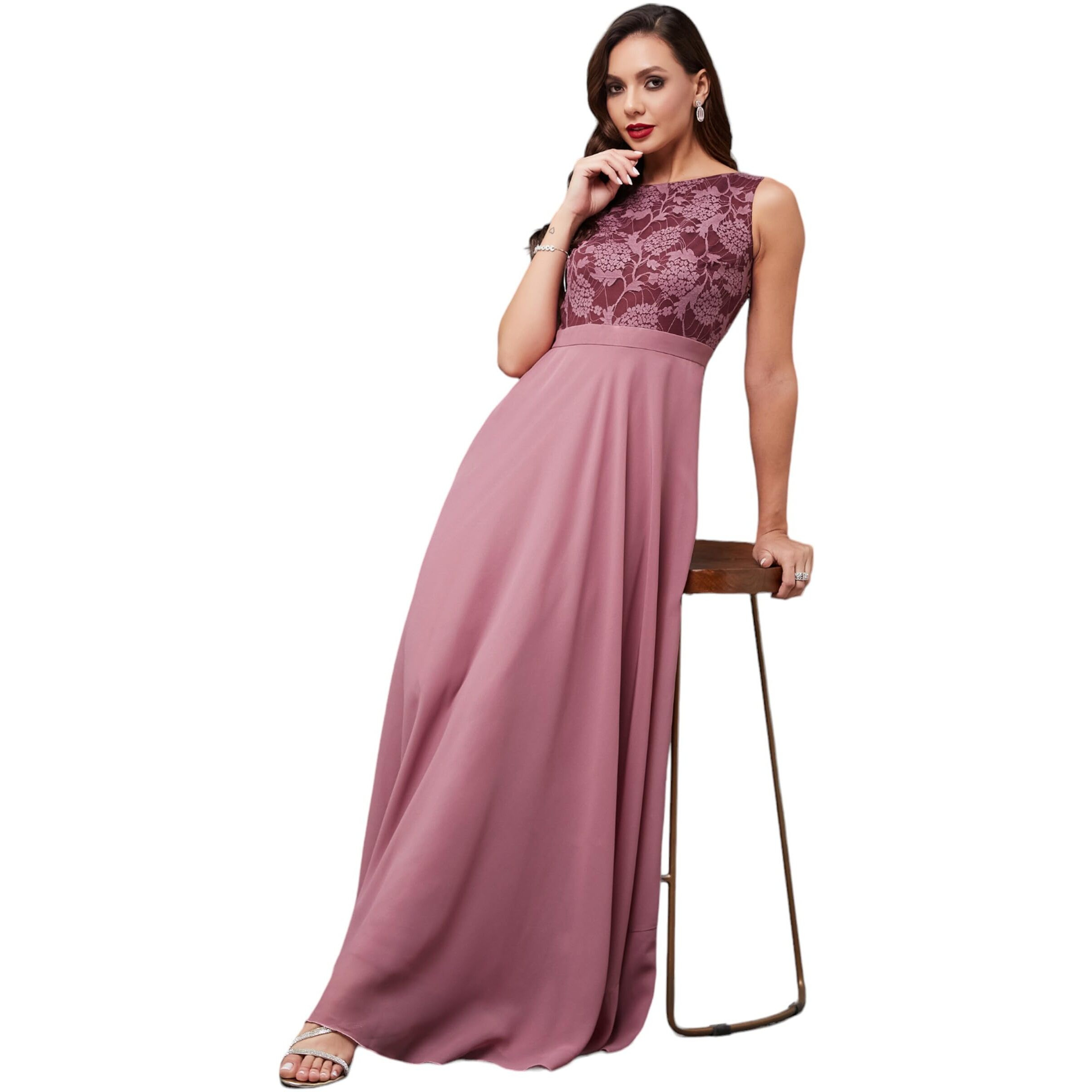 Miss Chase Women's Round Neck Sleeveless Floral Lace Fit & Flare Maxi Dress (Plus (Mcss24D97-10-196-04, Lavender, M)
