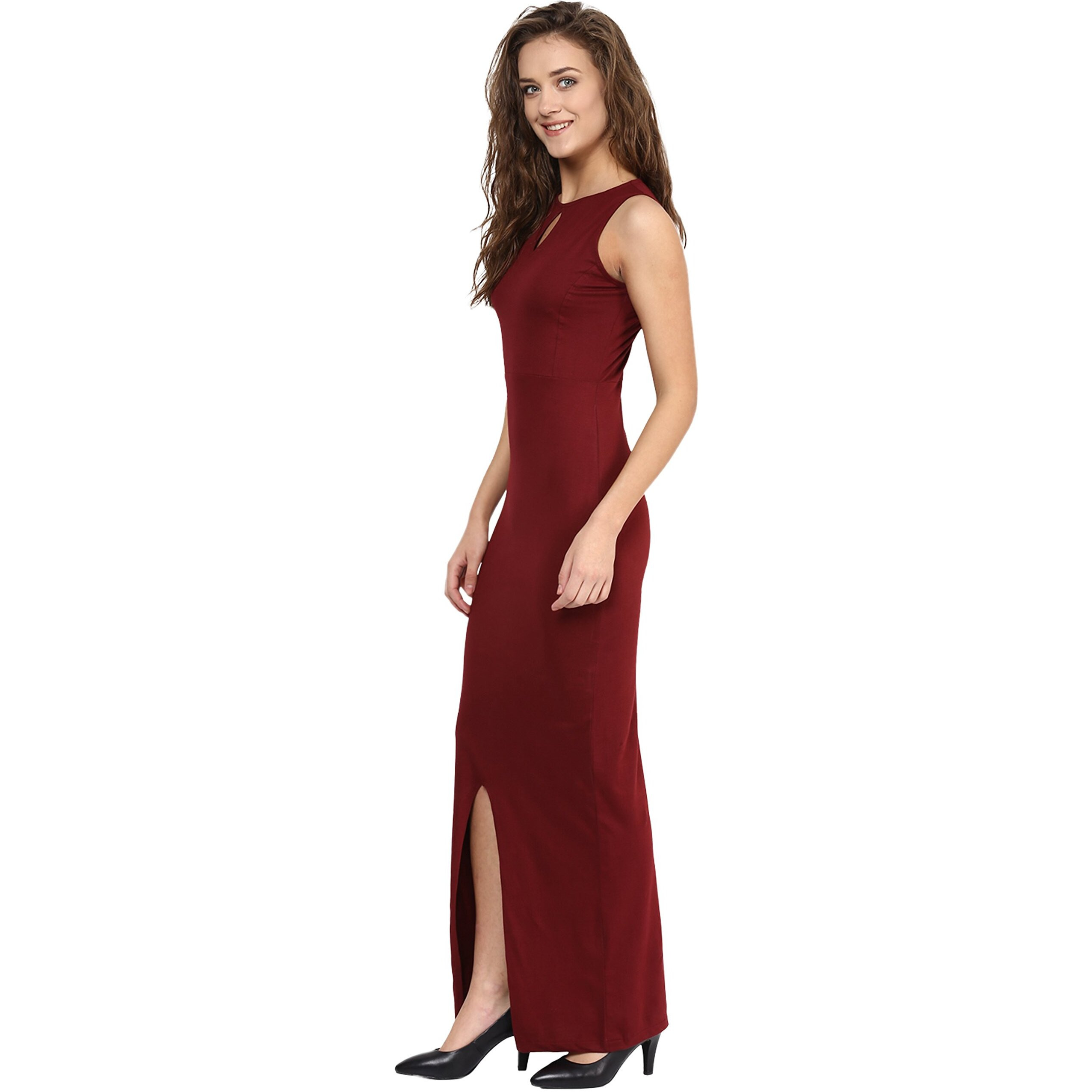 Miss Chase Women's Sleeveless Round Neck Slim Fit Long Dress With A Slit(Mcss16D05-50-64-02, Maroon, X-Small)