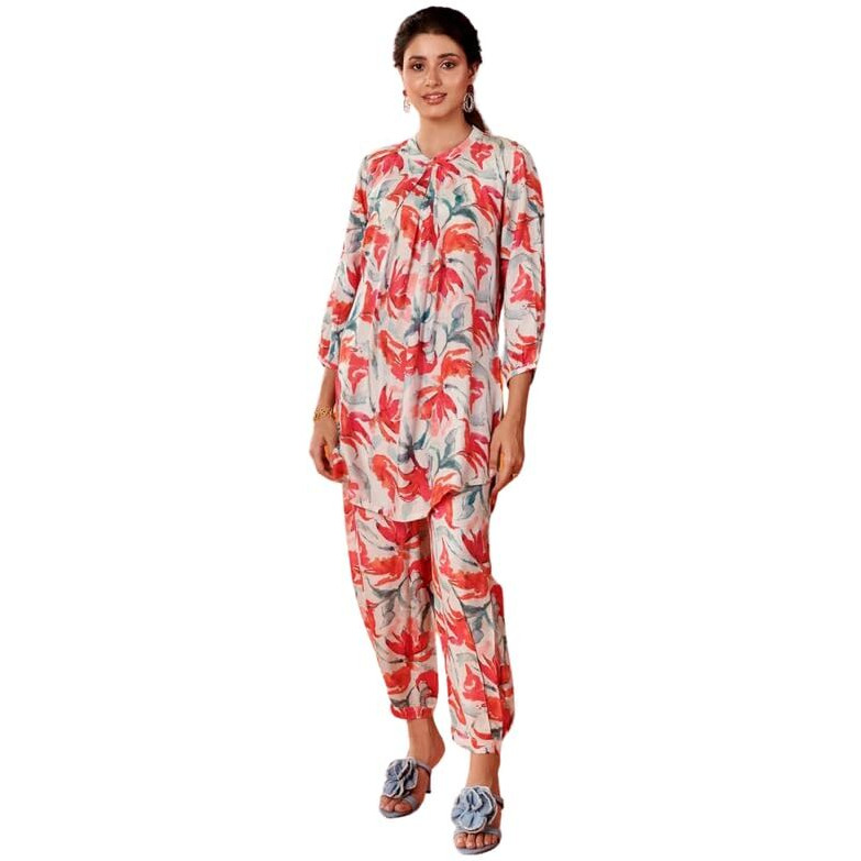 Nainvish Women's White & Red Printed Straight Cotton Blend Round Neck Co-Ord Set (Sd683_Kb-M)