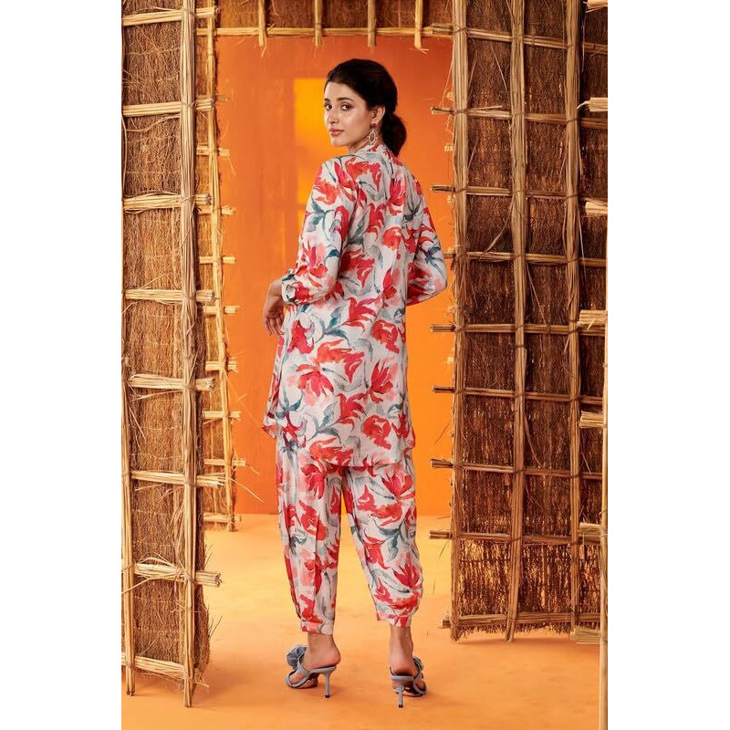 Nainvish Women's White & Red Printed Straight Cotton Blend Round Neck Co-Ord Set (Sd683_Kb-M)