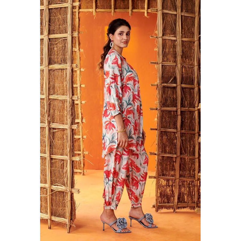 Nainvish Women's White & Red Printed Straight Cotton Blend Round Neck Co-Ord Set (Sd683_Kb-M)