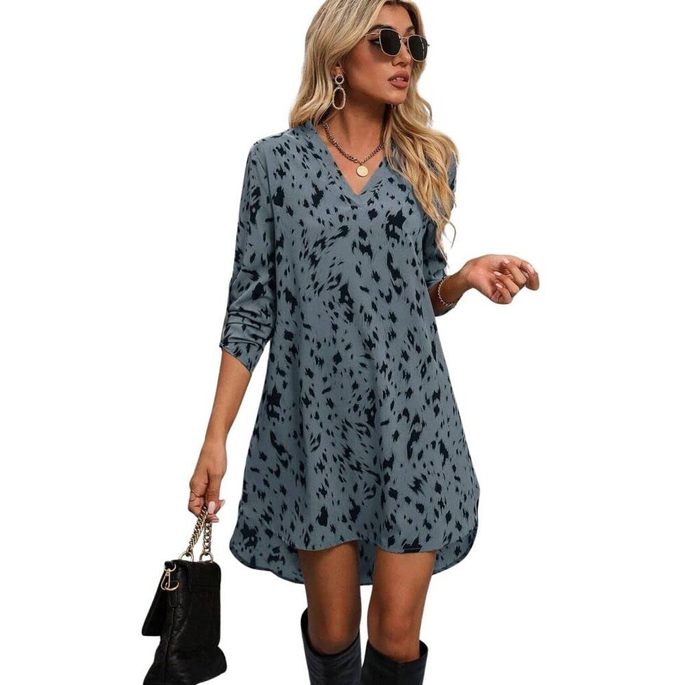 Om Sai Latest Creation Western Dress || Rayon All Over Leopard Printed Western Dresses For Women || Roll Up Sleeve & V-Neck A-Line Dress || Summer Short Dresses For Women. (Medium, Grey)