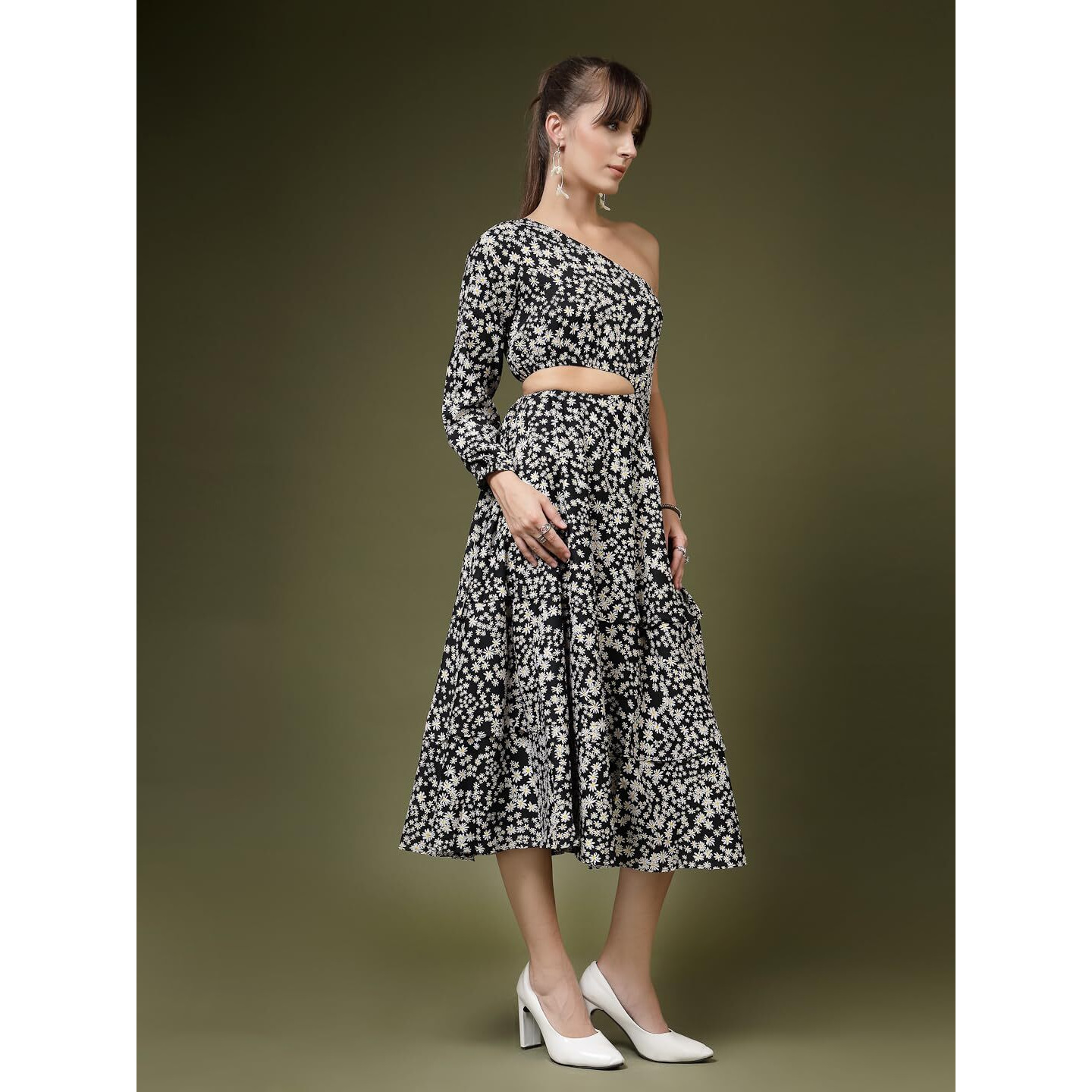 Oomph Women's Western & Fusion Wear Printed Crepe Dress For Women, One Shoulder, Black - Md1064