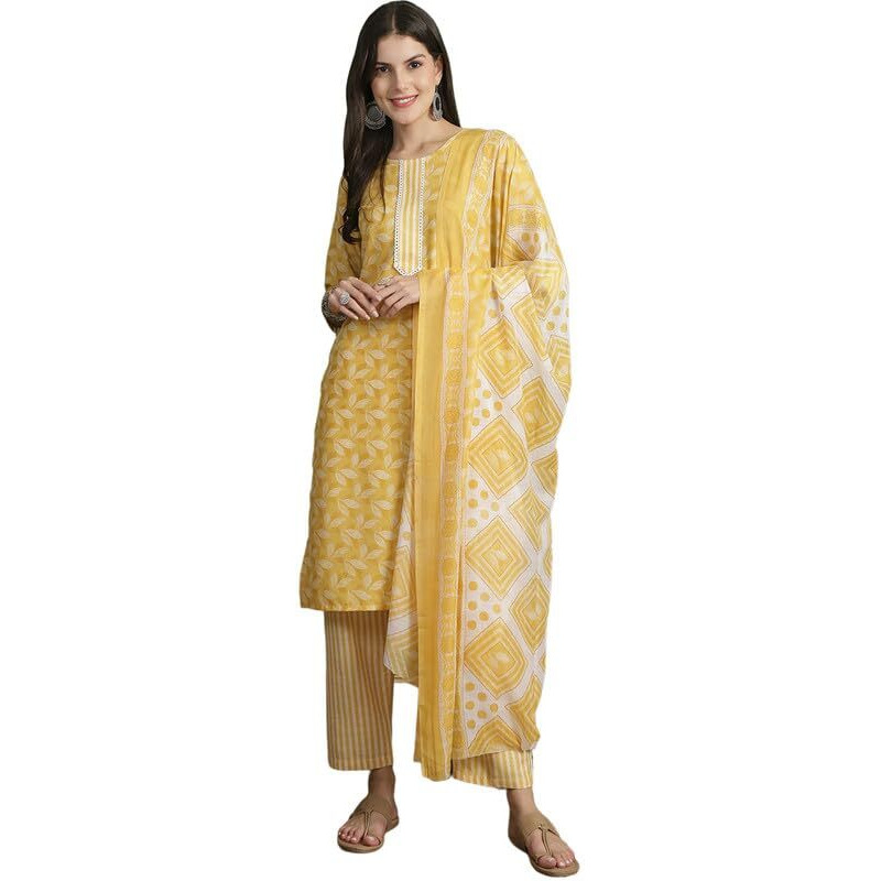Pinkmint Women Leaf Pattern Kurta & Lining Pant With Fancy Duppatta Set Ll Casual Wear Ll Cotton Formal Wear Yellow
