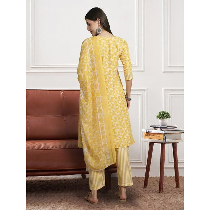 Pinkmint Women Leaf Pattern Kurta & Lining Pant With Fancy Duppatta Set Ll Casual Wear Ll Cotton Formal Wear Yellow