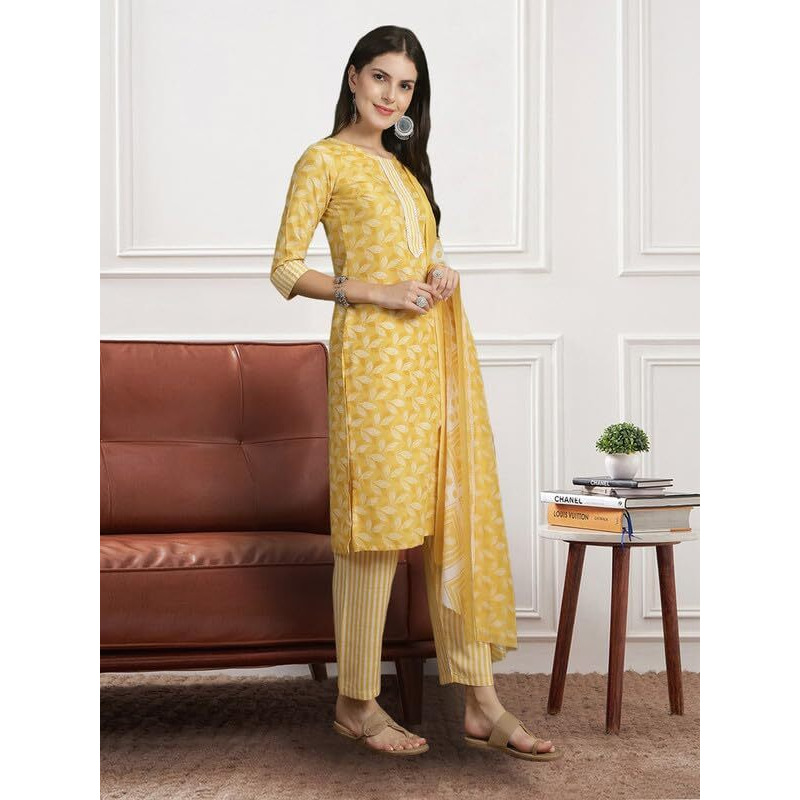 Pinkmint Women Leaf Pattern Kurta & Lining Pant With Fancy Duppatta Set Ll Casual Wear Ll Cotton Formal Wear Yellow