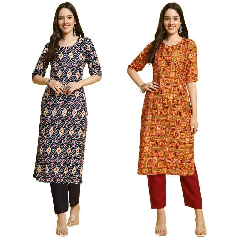 Pinkmint Kurta & Pant Set Ll Printed Kurti Ll Combo Kurta Set Ll (Pack Of 2) Blue-Orange