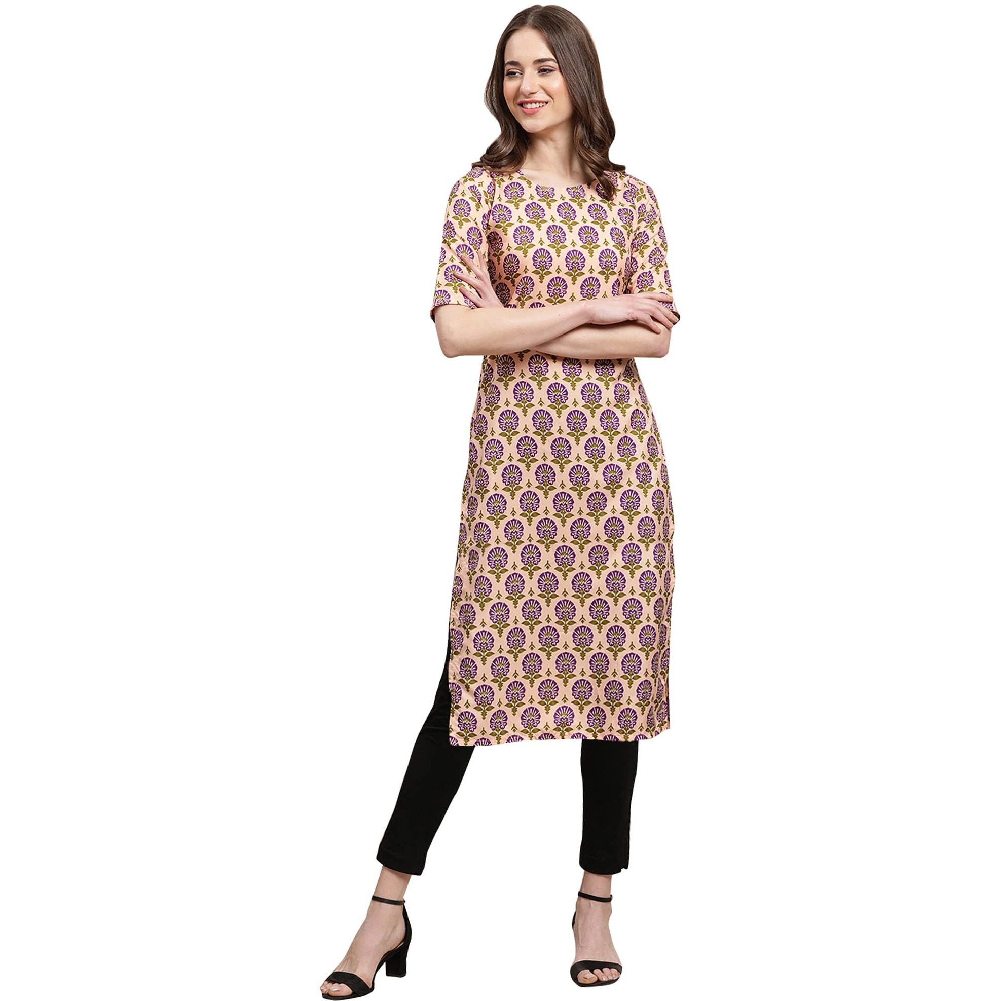 Pinkmint Women's Crepe Beige Color Floral Printed Straight Kurti(Md-530332_S)