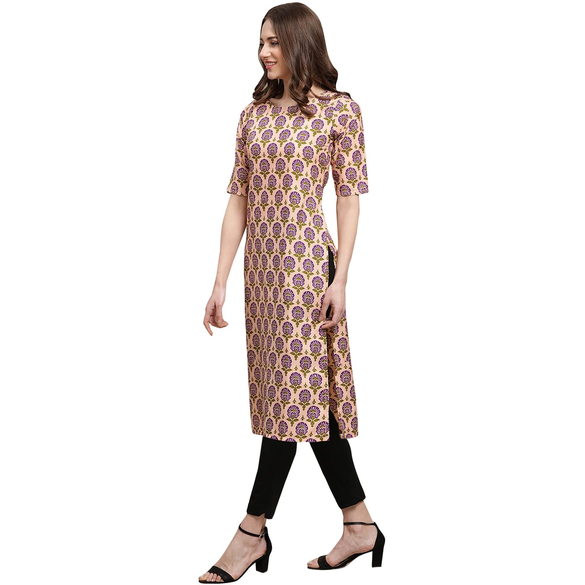 Pinkmint Women's Crepe Beige Color Floral Printed Straight Kurti(Md-530332_S)