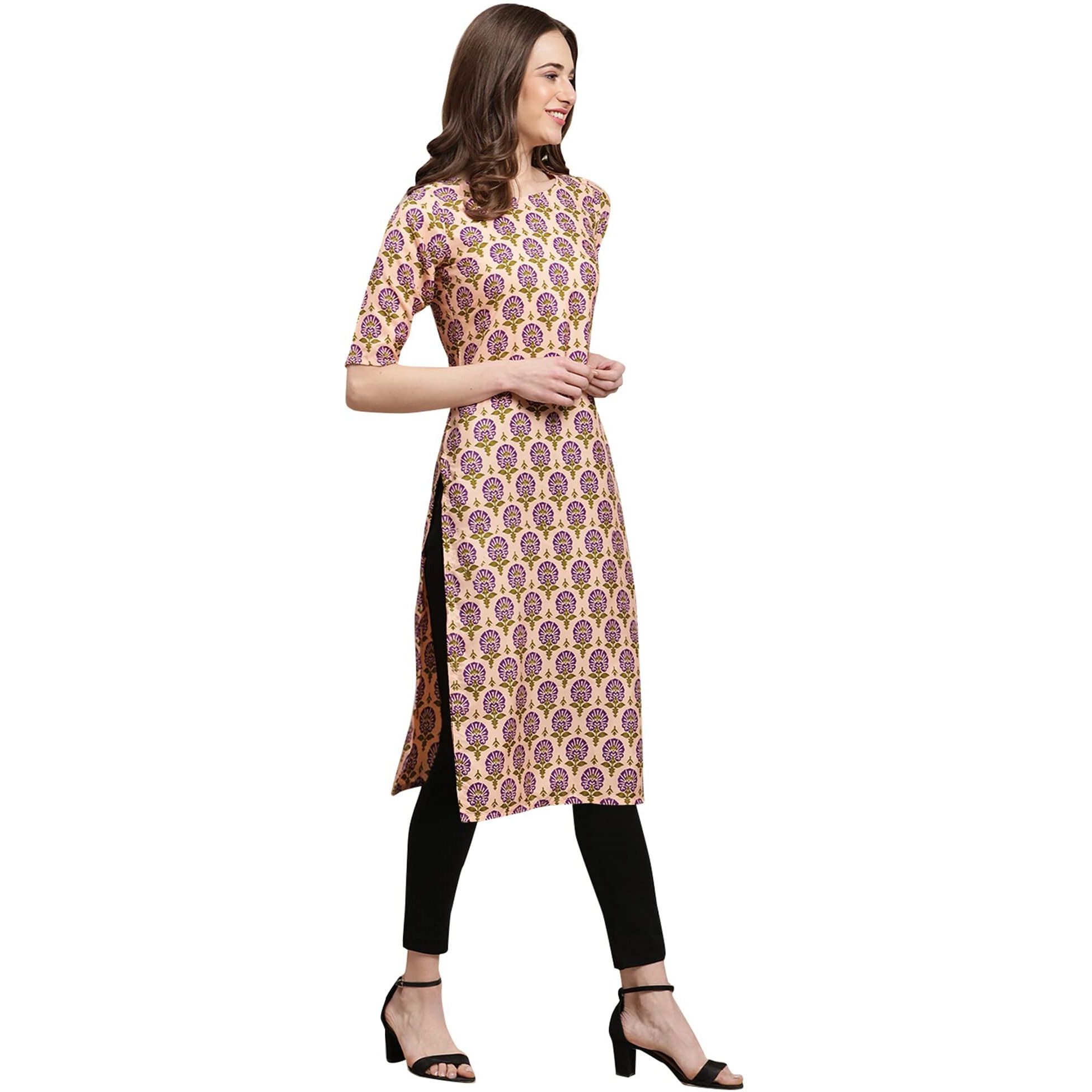 Pinkmint Women's Crepe Beige Color Floral Printed Straight Kurti(Md-530332_S)