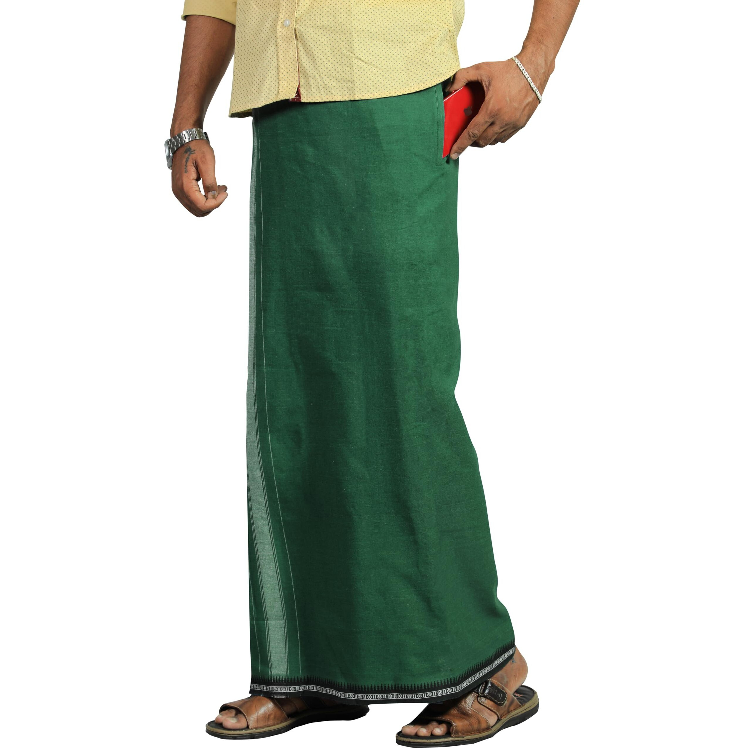 Prakasam Cotton Mens Cotton Kerala Thalapathi Border Welcro Pocket Dhoti (M-Size Dhoti) / Olive Green Colour Thalapathi Adjustable Pocket Dhoties For Mens