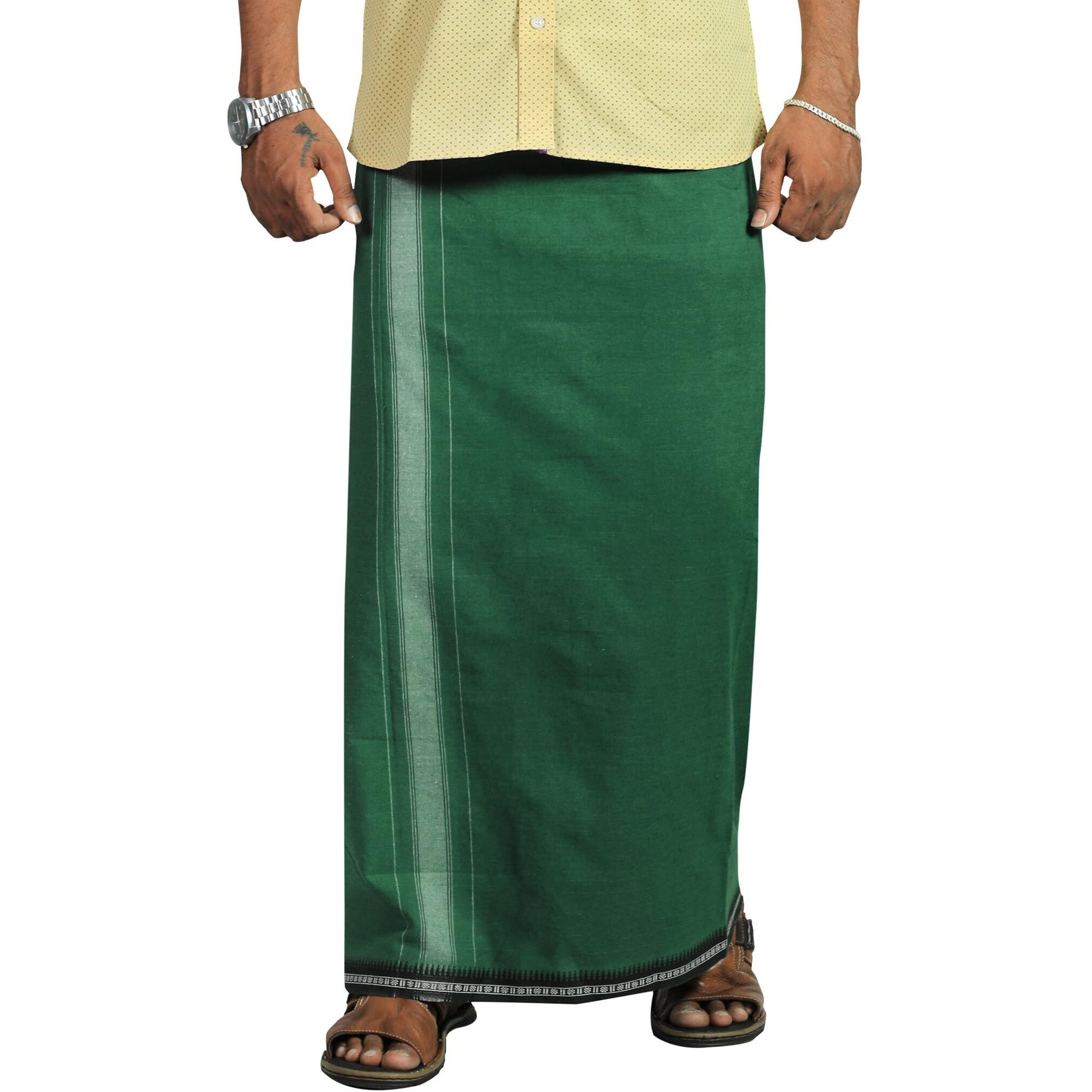 Prakasam Cotton Mens Cotton Kerala Thalapathi Border Welcro Pocket Dhoti (M-Size Dhoti) / Olive Green Colour Thalapathi Adjustable Pocket Dhoties For Mens