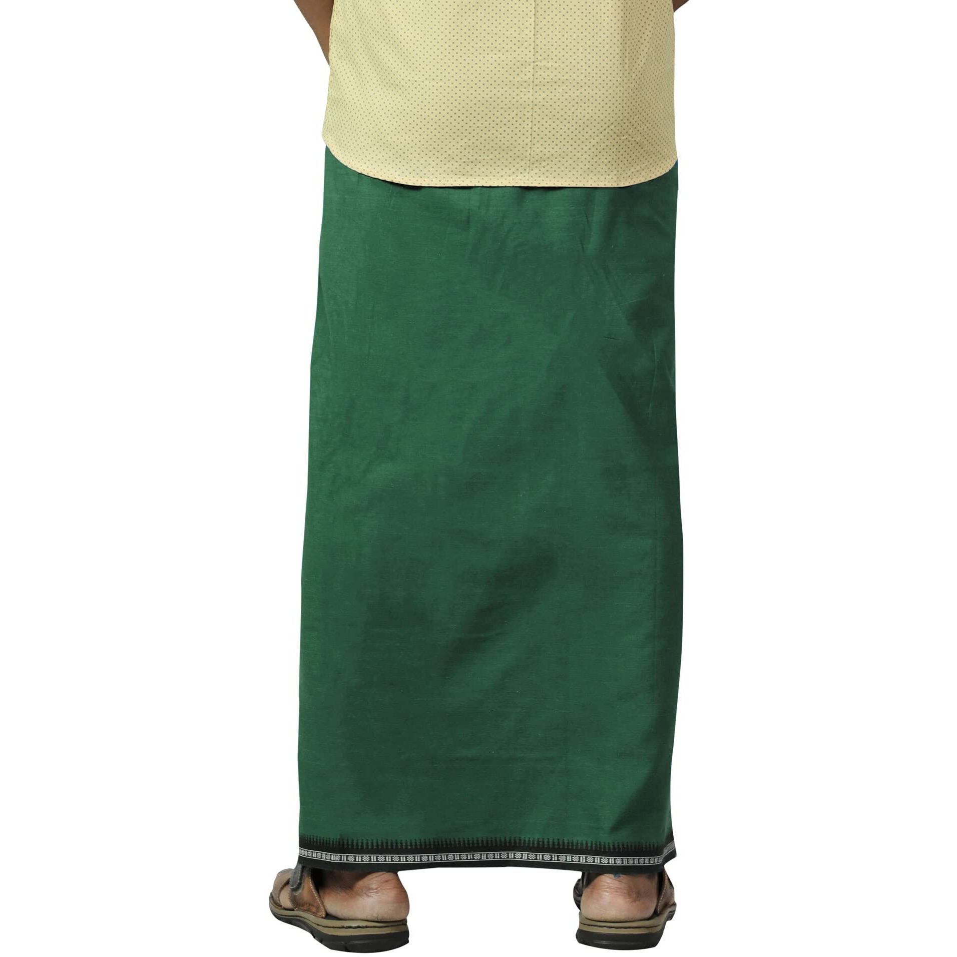 Prakasam Cotton Mens Cotton Kerala Thalapathi Border Welcro Pocket Dhoti (M-Size Dhoti) / Olive Green Colour Thalapathi Adjustable Pocket Dhoties For Mens